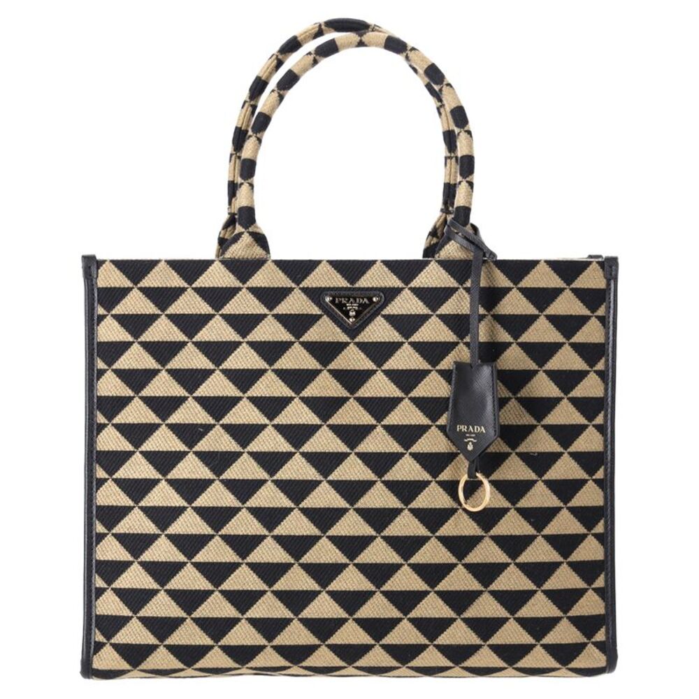 Prada Large Symbole Embroidered Tote Bag in Black and Beige Polyester